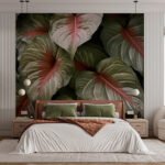 Papier peint – Grandes feuilles vertes et rouges
