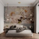 Papier peint – Fleurs beiges sur fond taupe