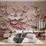 Papier peint – Fleurs roses sculptées en relief