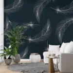 Papier peint – Plumes blanches sur fond bleu nuit