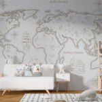 Papier peint – Carte du monde au trait et animaux