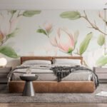 Papier peint – Magnolias roses et feuilles vertes
