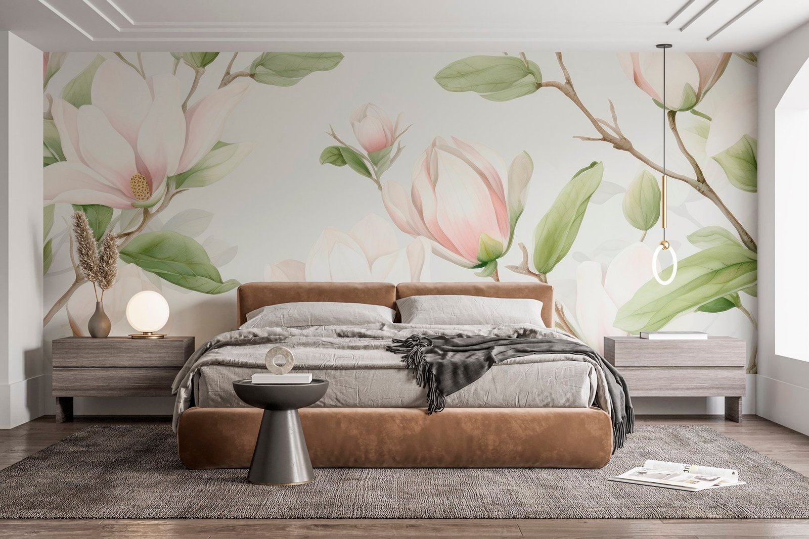w03046pib81mr.jpg Papier peint – Magnolias roses et feuilles vertes – Image 1