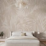 Papier peint – Palmes blanches au trait sur fond beige