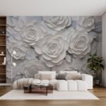 Papier peint – Roses blanches sculptées en relief