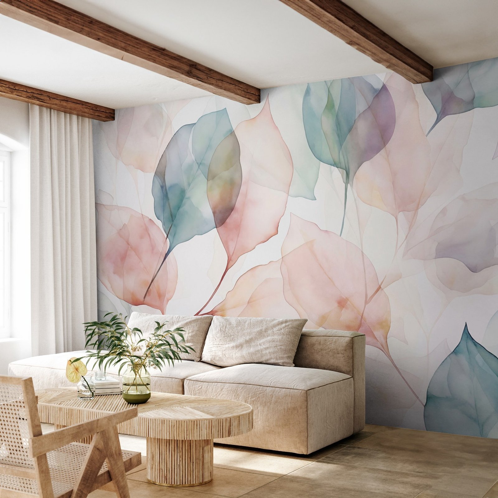 w03072pig3ms.jpg Papier peint – Feuilles transparentes pastel – Image 1