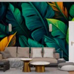 Papier peint – Grandes feuilles turquoise et jaunes