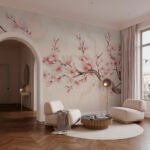 Papier peint – Branche de fleurs roses sur fond clair