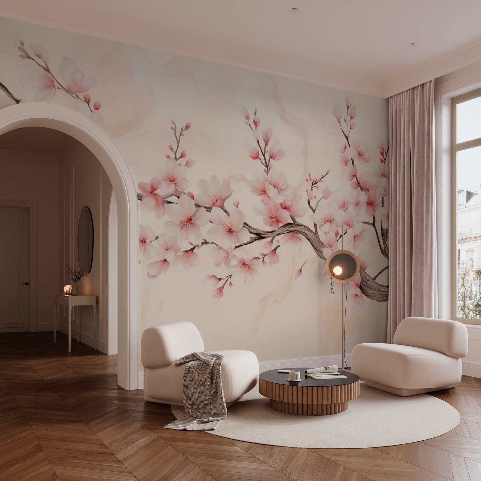 w03079pig1ms.jpg Papier peint – Branche de fleurs roses sur fond clair – Image 1