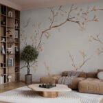 Papier peint – Branches fleuries beiges sur fond clair