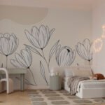 Papier peint – Tulipes au trait sur aplats beiges