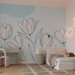 Papier peint – Tulipes au trait sur aplats bleus