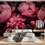 Papier peint – Pivoines rose vif sur fond noir
