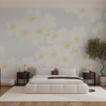 Papier peint – Petites fleurs blanches aux cœurs jaunes