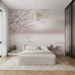 Papier peint – Branches fleuries mauves sur fond clair