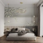 Papier peint – Branches fleuries minimalistes sur fond gris