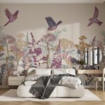 Papier peint – Oiseaux roses dans une prairie fleurie