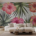 Papier peint – Fleurs tropicales roses et palmes vertes