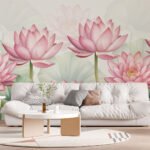 Papier peint – Lotus roses et feuilles vertes dessinés