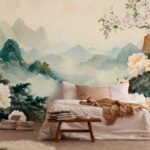 Papier peint – Montagnes et fleurs dans un paysage asiatique