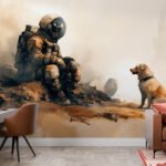 Papier peint – Astronaute et chien dans un paysage lointain