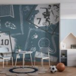 Papier peint – Motifs de football blancs sur fond bleu grisé