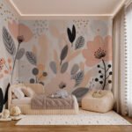 Papier peint – Fleurs et feuilles graphiques aux tons pastel