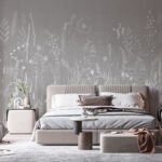 Papier peint – Fleurs au trait blanc sur fond gris
