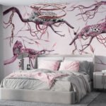 Papier peint – Léopards roses sur lianes mauves