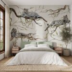 Papier peint – Léopards sur branches en dessin beige