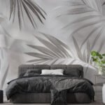 Papier peint – Palmes grises sur fond blanc