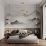 Papier peint – Montagnes et nuages en aquarelle grise