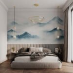 Papier peint – Montagnes et nuages en aquarelle bleue