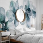 Papier peint – Fleurs bleu canard en transparence