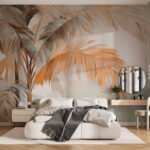 Papier peint – Palmes orange et gris