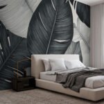 Papier peint – Grandes feuilles noires et grises