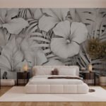 Papier peint – Hibiscus et feuillages en noir et blanc