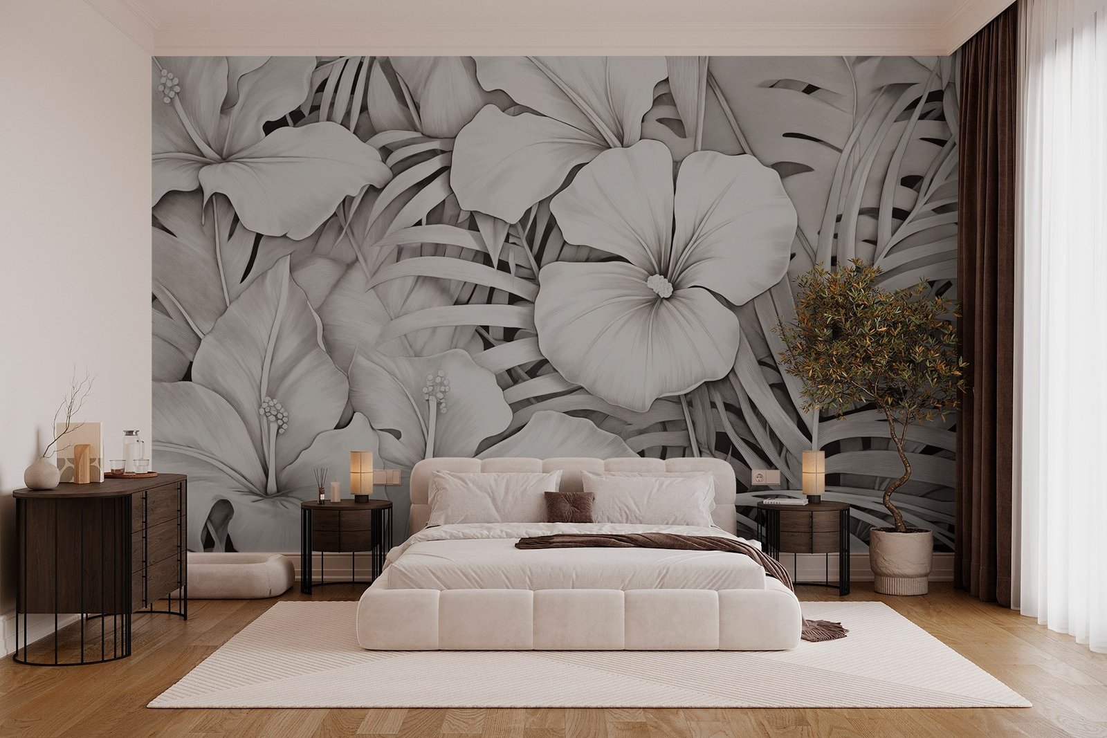w03187pib1mr.jpg Papier peint – Hibiscus et feuillages en noir et blanc – Image 1