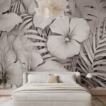 Papier peint – Hibiscus et feuillages aux tons beige