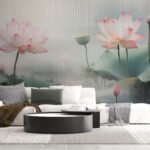 Papier peint – Lotus roses et feuilles vertes