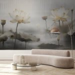 Papier peint – Lotus blancs sur étang brumeux