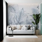 Papier peint – Feuilles bleues au trait fin