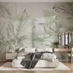 Papier peint – Feuilles vertes au trait fin
