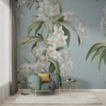Papier peint – Branche fleurie blanche sur fond bleu