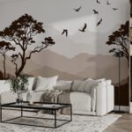 Papier peint – Arbres et montagnes brunes avec oiseaux