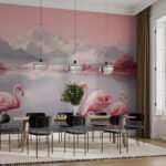 Papier peint – Flamants roses devant un lac et des montagnes