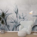 Papier peint – Feuillage bleu au trait sur fond gris