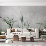 Papier peint – Feuillage vert au trait sur fond gris