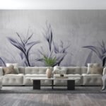 Papier peint – Feuillage violet au trait sur fond gris