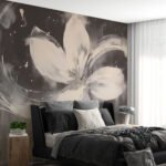 Papier peint – Fleur blanche sur fond noir patiné